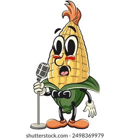 character of a cute corn cartoon vector isolated clip art mascot illustration in front of the mic with a surprised face, work of hand drawn