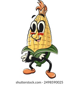 character of a cute corn cartoon vector isolated clip art mascot illustration crowned like a king while folding his arms calmly, work of hand drawn