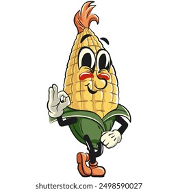 character of a cute corn cartoon vector isolated clip art mascot illustration give the OK sign, work of hand drawn