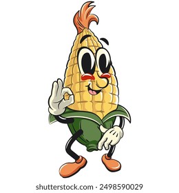 character of a cute corn cartoon vector isolated clip art mascot illustration dancing while waving oke sigh, work of hand drawn