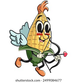 character of a cute corn cartoon vector isolated clip art mascot illustration become a cupid with angel wings and carry the arrow of love, work of hand drawn