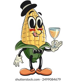 character of a cute corn cartoon vector isolated clip art mascot illustration wearing a hat and bow tie raising a wine glas, work of hand drawn