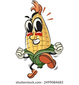 character of a cute corn cartoon vector isolated clip art mascot illustration enthusiastically jumping and kicking, work of hand drawn