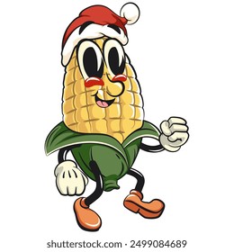 character of a cute corn cartoon vector isolated clip art mascot illustration walking while wearing a Santa hat, work of hand drawn