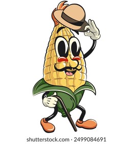 character of a cute corn cartoon vector isolated clip art mascot illustration carrying a stick and saluting with raised hat, work of hand drawn