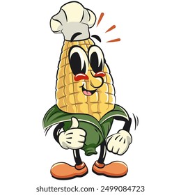 character of a cute corn cartoon vector isolated clip art mascot illustration as chef give thumbs up, work of hand drawn