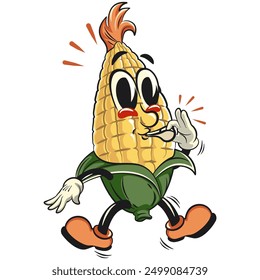 character of a cute corn cartoon vector isolated clip art mascot illustration is blowing the whistle, work of hand drawn