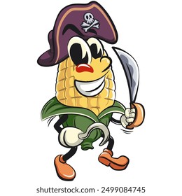 character of a cute corn cartoon vector isolated clip art mascot illustration as pirate with dagger, work of hand drawn