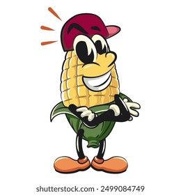 character of a cute corn cartoon vector isolated clip art mascot illustration in cool hip-hop style, work of hand drawn