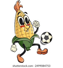 character of a cute corn cartoon vector isolated clip art mascot illustration playing football soccer, work of hand drawn