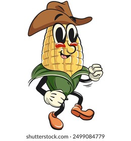 character of a cute corn cartoon vector isolated clip art mascot illustration in cowboy style, work of hand drawn