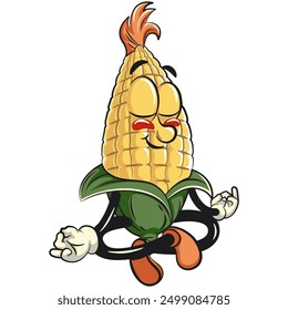character of a cute corn cartoon vector isolated clip art mascot illustration was cross-legged and meditating, work of hand drawn