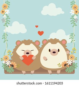 The character of cute couple in love hedgehog sitting a swing on the sky and cloud in flat vector. Illustration about love and valentin's day.