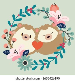 The character of cute couple in love of hedgehog with flowering on the green background in flat vector style. illustation of hedgehog for banner, sticker label and greeting card.