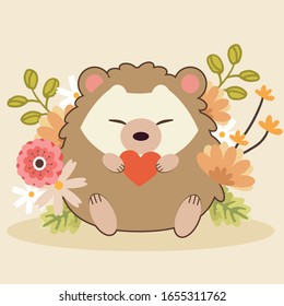 The character of cute couple in love of hedgehog with flower in flat vector style. Illustration about hedgehog for banner, sticker label and greeting card