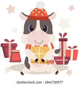 The character of cute cow holding a gift box in flat vector style. illustation about christmas and holiday for graphic, greeting card.