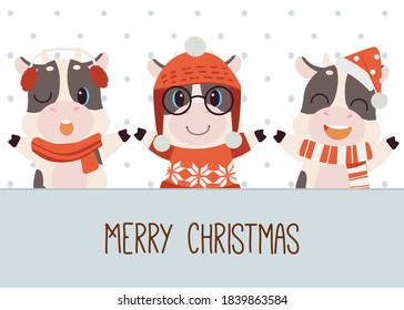 The character of cute cow with label and text merry christmas in flat vector style. illustation about christmas and holiday for graphic,content , banner, sticker label and greeting card.