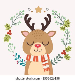 The character of cute deer with the christmas wreath in flat vector style. Illustration about christmas theme.