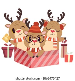 The character of cute deer and friends in the big gifbox in flat vector style. illustation about christmas and holiday for content,graphic, post card,greeting card.