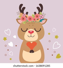 The character of cute deer wear a flower and holding a heart in flat vector style.