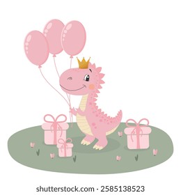 Character, cute dinosaur, dino, baby girl in pink color with golden crown, balloons and gifts, isolated vector illustration