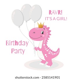 Character, cute dinosaur, dino, baby girl in pink color with golden crown, balls, on white background, lettering, isolated vector illustration
