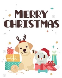 The Character Of Cute Dog And Cat Sitting In The Gift Box With Flat Vector Style. Illustration For Christmas, Birthday Party.