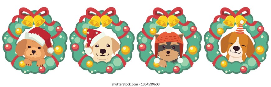 The character of cute dog with christmaswreath in flat vector style. Graphic resource about holiday for  graphic,content , banner, sticker label and greeting card.