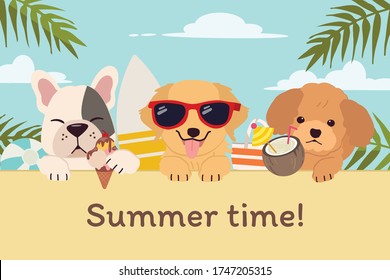 The character of cute dog with friends in the beach party for summer time in flat vector style. illustation about summer for banner, content,graphic,greeting card
