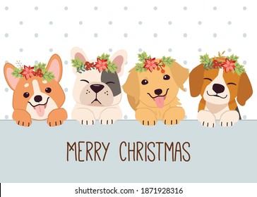 The character of cute dog and friends with christmas wreath like a crown in flat vector style. illustation about christmas and holiday for banner, content, graphic, greeting card.