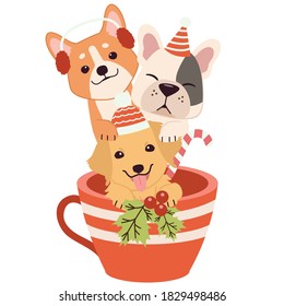 The character of cute dog and friends in the cup in christmas theme. illustation for greeting card,banner,poster,content,sticker.