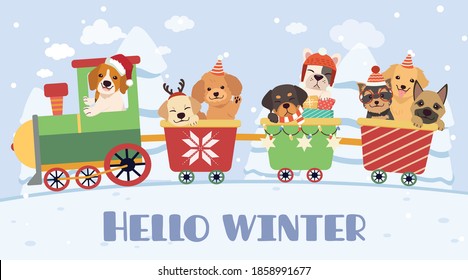 The character of cute dog and friends drive a train in flat vector style. illustation about christmas and holidat for content, graphic,sticker greeting card.