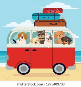 The character of cute dog and friends on the beach. illustation about holiday and vacation.