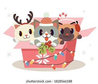 The character of cute dog and friends sitting in the gift box with flat vector style. illustation for christmas , birthday party.