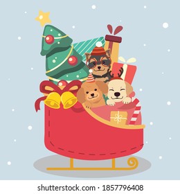 The character of cute dog and friends sitting in the Snow sleigh with flat vector style. illustation about christmas and holiday for content, graphic,greeting card.