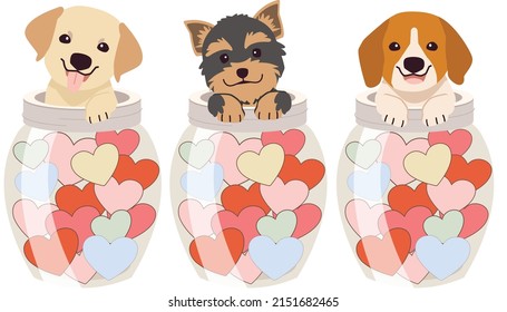 The character of cute dog gaps a jar with the heart in flat vector style. The character of cute dog sitting in the transparent jar.