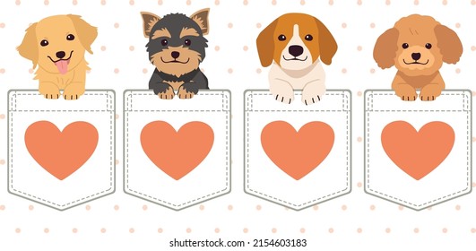 The character of cute dog in the pocket of the shirt in flat vector style. Illustration about cat for banner, greeting card, content, graphic.