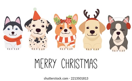 The character of cute dog, puppy and friends wear a red Santa winter hat Christmas costume in flat vector style.