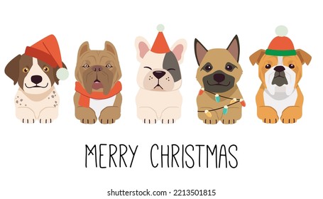 The character of cute dog, puppy and friends wear a red Santa winter hat Christmas costume in flat vector style.