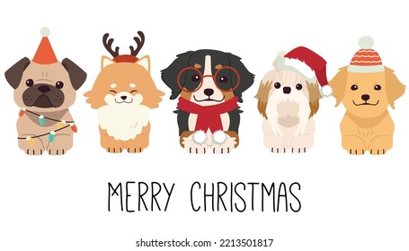 The character of cute dog, puppy and friends wear a red Santa winter hat Christmas costume in flat vector style.