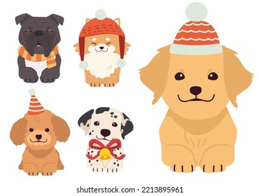 The character of cute dog, puppy and friends wear a red Santa winter hat Christmas costume in flat vector style.