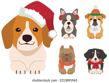 The character of cute dog, puppy and friends wear a red Santa winter hat Christmas costume in flat vector style.