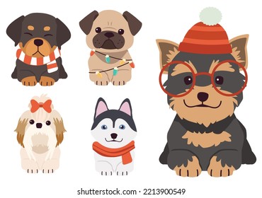 The character of cute dog, puppy and friends wear a red Santa winter hat Christmas costume in flat vector style.