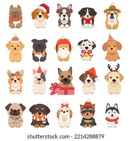 The character of cute dog, puppy and friends wear a red Santa winter hat Christmas costume in flat vector style.