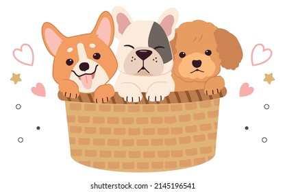 El personaje es un perro lindo sentado en la cesta grande al estilo vectorial plano. Ilustración para fondo, gráfico, contenido, banner, etiqueta adhesiva y tarjeta de saludo.