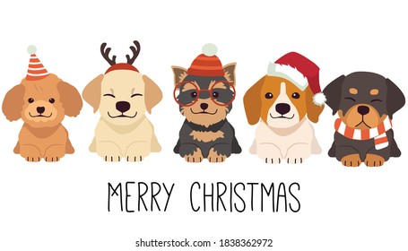 The character of cute dog wear a christmas costume in flat vector style.
