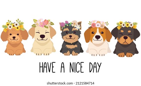 The character of cute dog wear a flower crown in flat vector style. Illustration about dog and floral or flower crown.