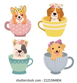 The character of cute dog wear a flower crown in cup and flat vector style. Illustration about dog and floral or flower crown.