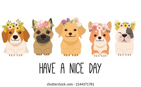 The character of cute dog wear a flower crown in flat vector style. Illustration about dog and floral or flower crown.