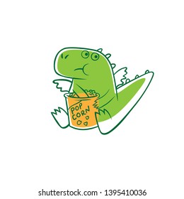 Character Cute Dragon Funny Doodle. Eat Pop Corn Cinema Theatre